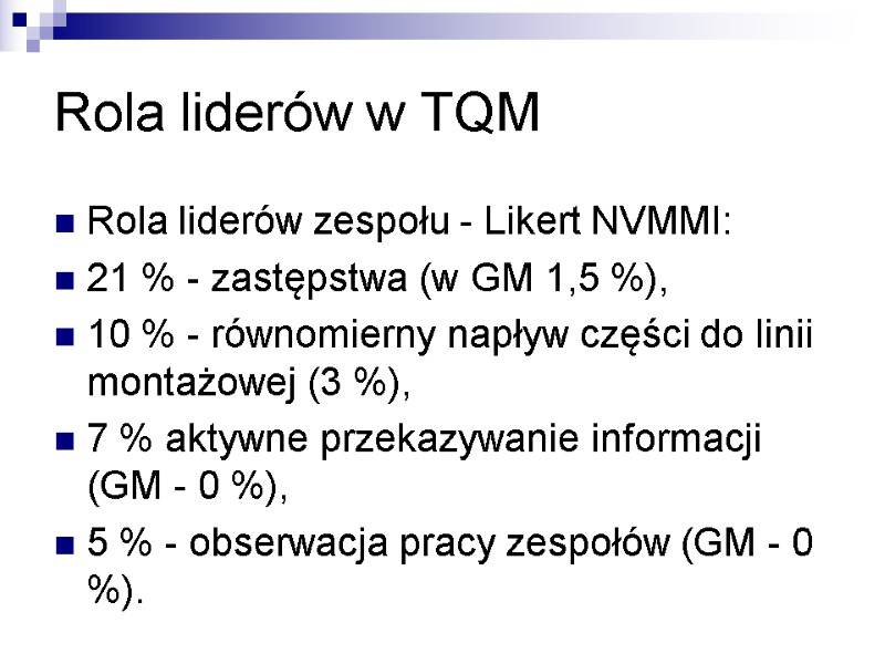Rola liderów w TQM Rola liderów zespołu - Likert NVMMI: 21 % - zastępstwa